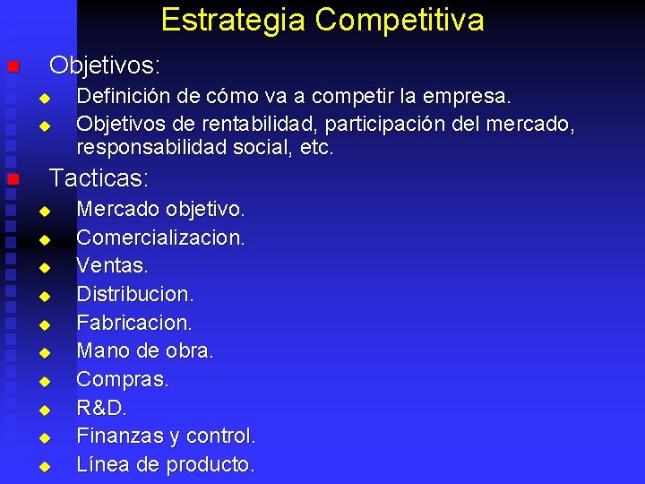 Estrategia Competitiva n Objetivos: u u n Definición de cómo va a competir la