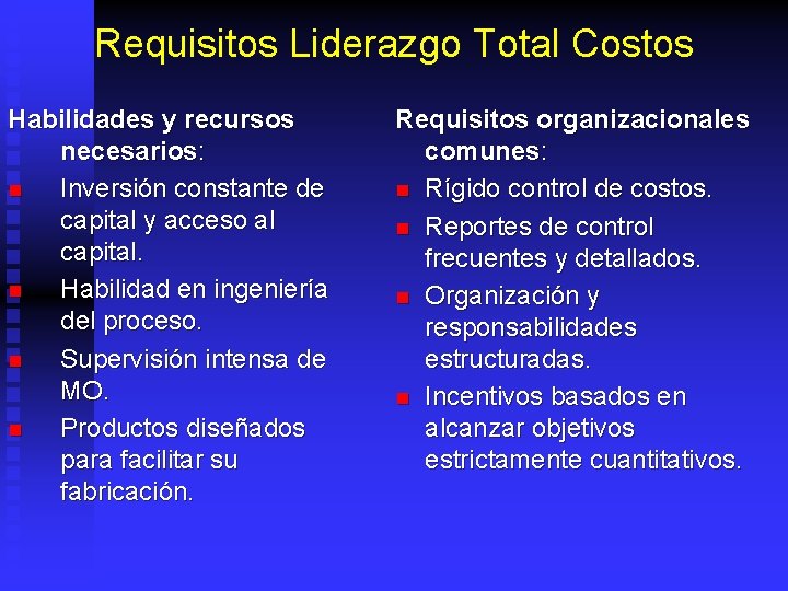 Requisitos Liderazgo Total Costos Habilidades y recursos necesarios: n Inversión constante de capital y