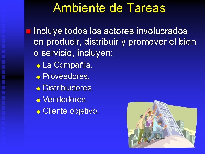 Ambiente de Tareas n Incluye todos los actores involucrados en producir, distribuir y promover