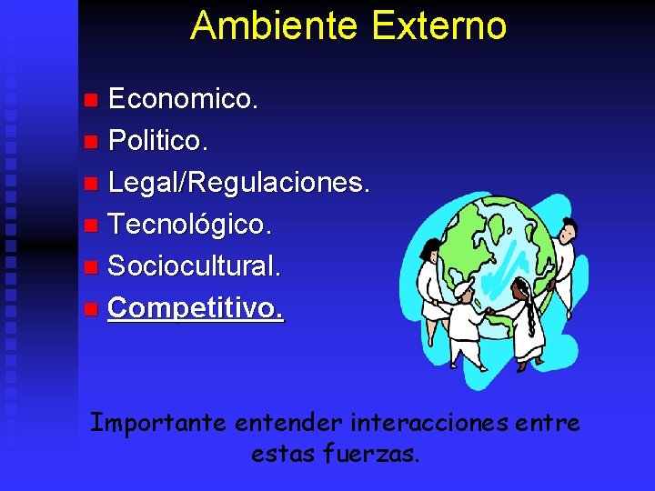 Ambiente Externo Economico. n Politico. n Legal/Regulaciones. n Tecnológico. n Sociocultural. n Competitivo. n