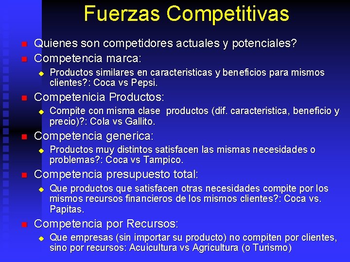 Fuerzas Competitivas n n Quienes son competidores actuales y potenciales? Competencia marca: u n