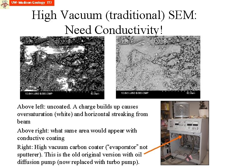 High Vacuum (traditional) SEM: Need Conductivity! Above left: uncoated. A charge builds up causes