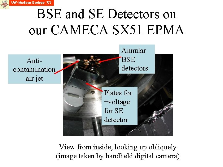 BSE and SE Detectors on our CAMECA SX 51 EPMA Anticontamination air jet Annular