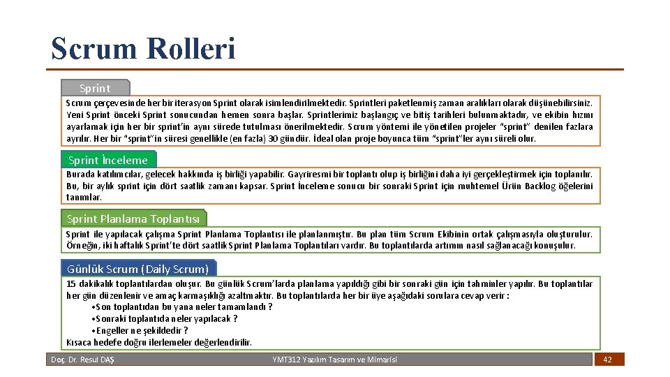 Scrum Rolleri Sprint Scrum çerçevesinde her bir iterasyon Sprint olarak isimlendirilmektedir. Sprintleri paketlenmiş zaman