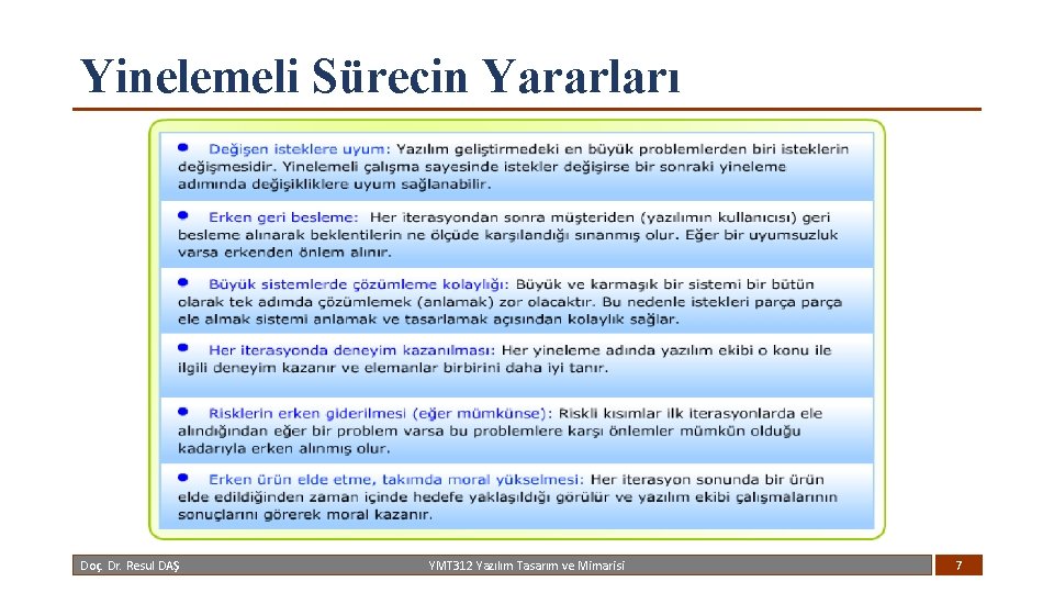 Yinelemeli Sürecin Yararları Doç. Dr. Resul DAŞ YMT 312 Yazılım Tasarım ve Mimarisi 7