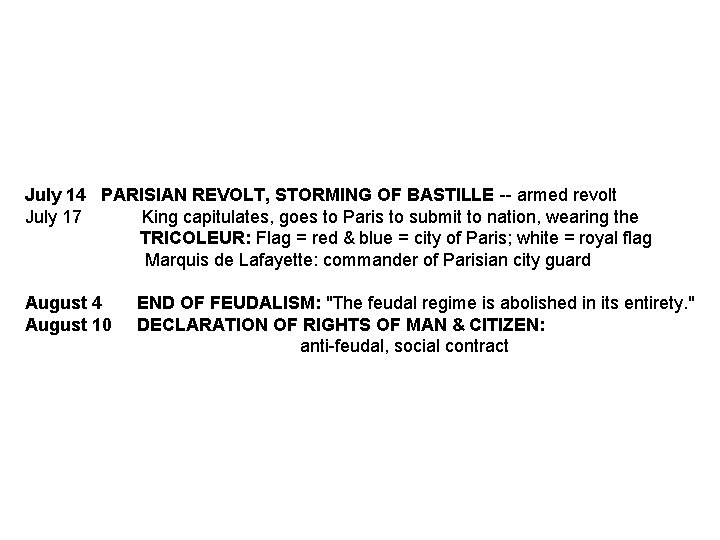 July 14 PARISIAN REVOLT, STORMING OF BASTILLE -- armed revolt July 17 King capitulates,