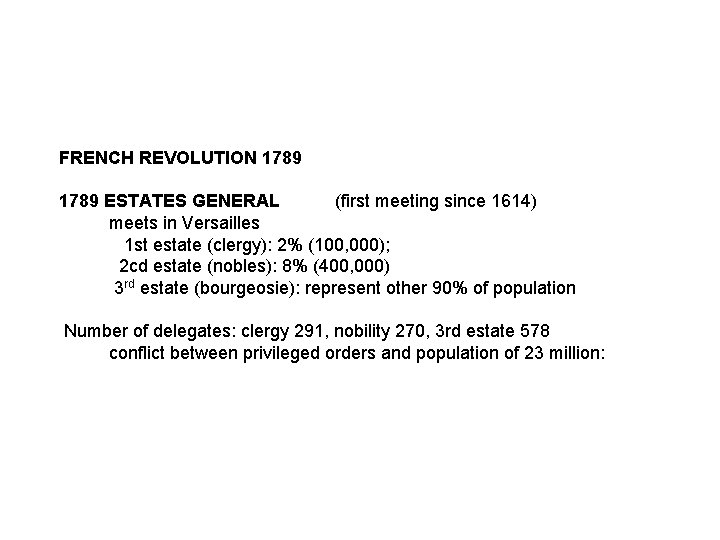 FRENCH REVOLUTION 1789 1789 ESTATES GENERAL (first meeting since 1614) meets in Versailles 1