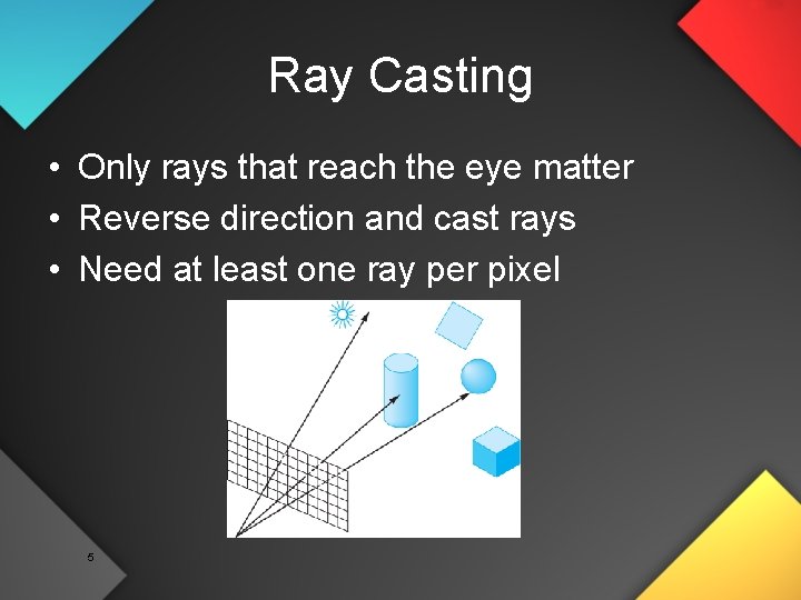 Ray Casting • Only rays that reach the eye matter • Reverse direction and