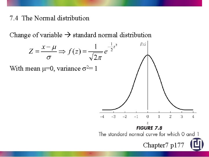 7. 4 The Normal distribution Change of variable standard normal distribution With mean m=0,