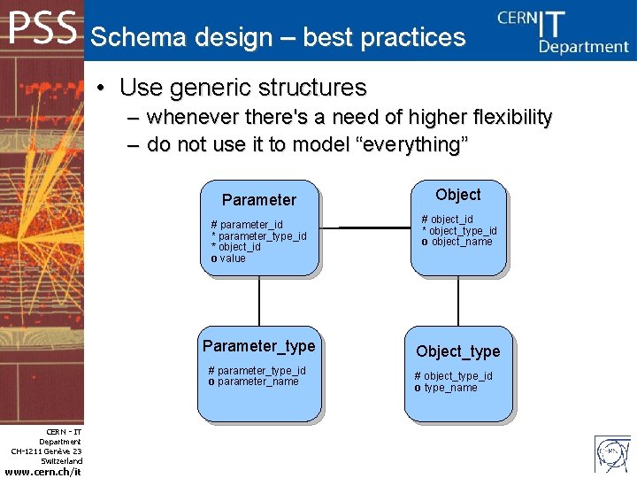 Schema design – best practices • Use generic structures – whenever there's a need