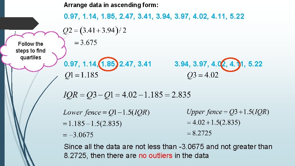 Arrange data in ascending form: 0. 97, 1. 14, 1. 85, 2. 47, 3.