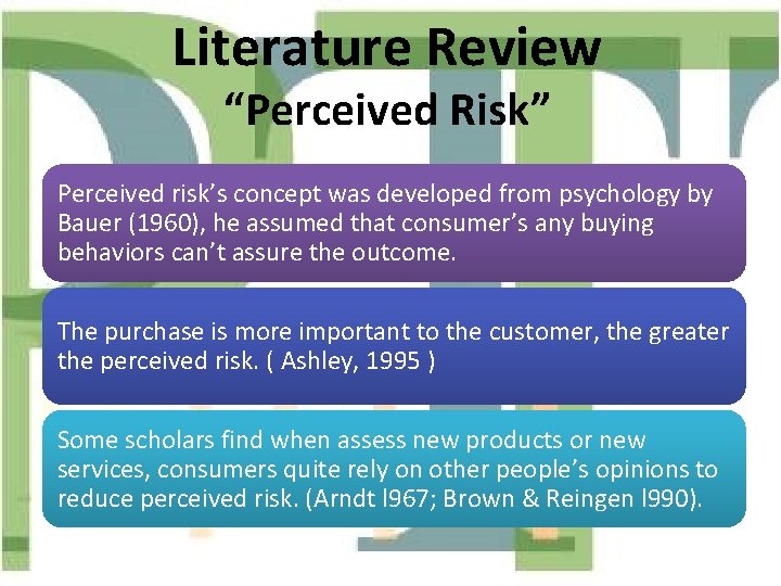 Literature Review “Perceived Risk” Perceived risk’s concept was developed from psychology by Bauer (1960),