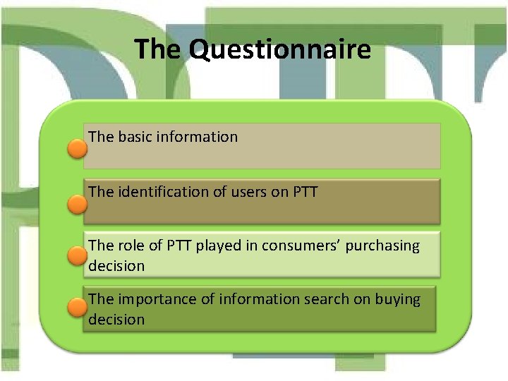 The Questionnaire The basic information The identification of users on PTT The role of