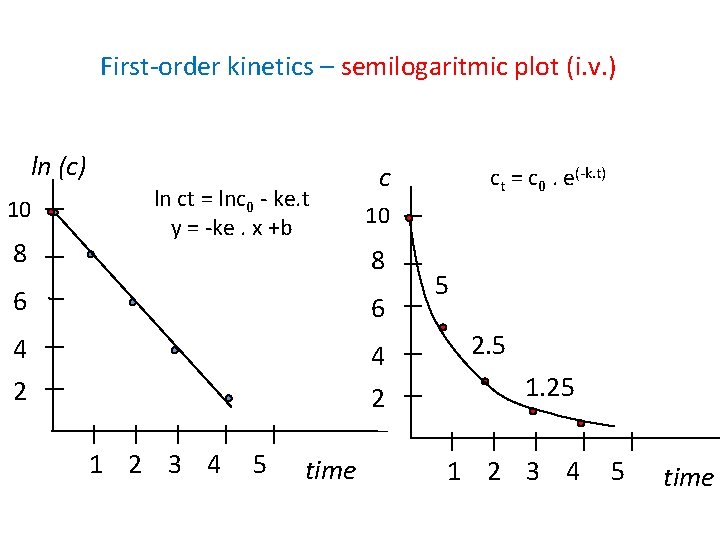 First-order kinetics – semilogaritmic plot (i. v. ) ln (c) 10 8 ln ct