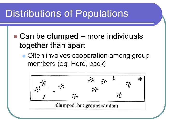 Distributions of Populations l Can be clumped – more individuals together than apart l