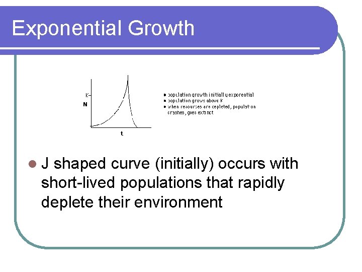 Exponential Growth l. J shaped curve (initially) occurs with short-lived populations that rapidly deplete