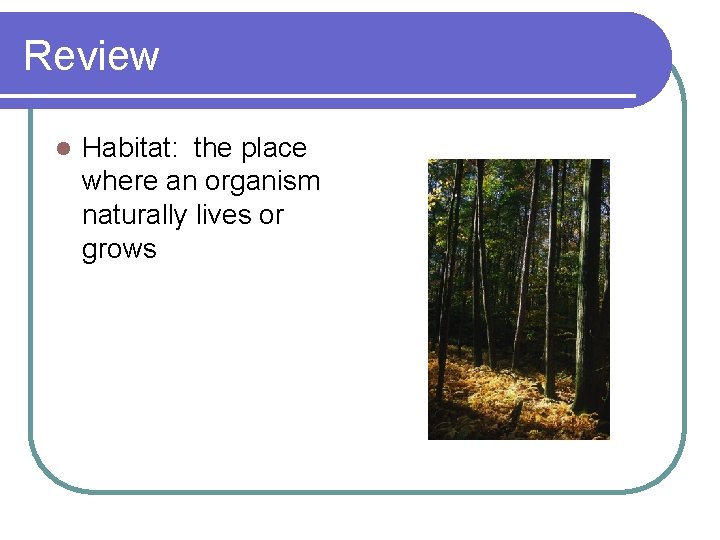 Review l Habitat: the place where an organism naturally lives or grows 