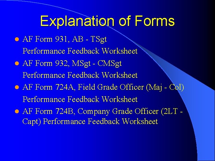 Explanation of Forms AF Form 931, AB - TSgt Performance Feedback Worksheet l AF