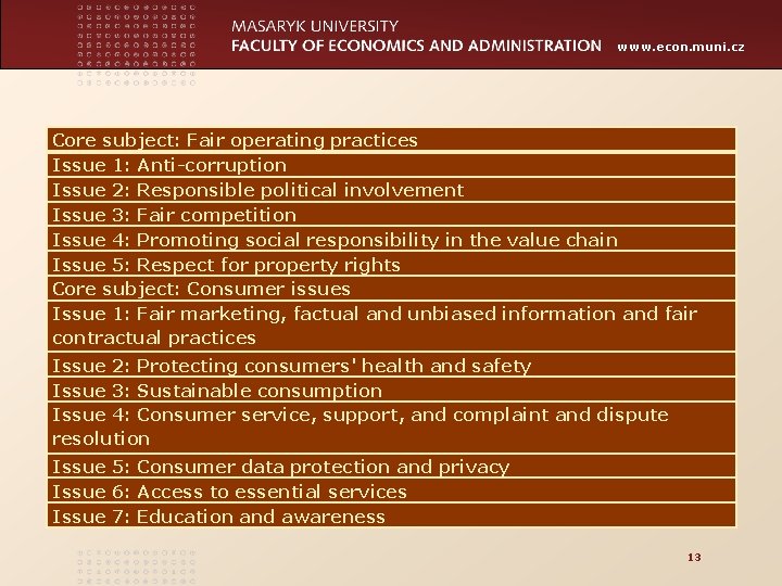 www. econ. muni. cz Core subject: Fair operating practices Issue 1: Anti-corruption Issue 2: