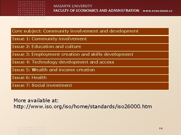 www. econ. muni. cz Core subject: Community involvement and development Issue 1: Community involvement