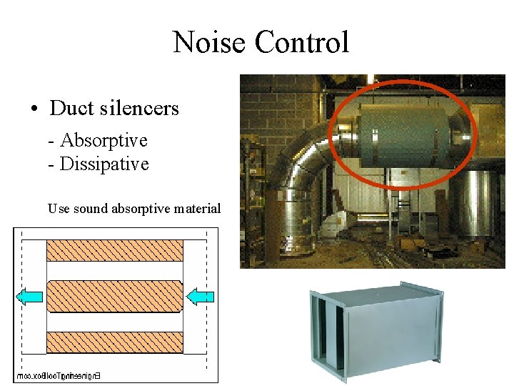 Noise Control • Duct silencers - Absorptive - Dissipative Use sound absorptive material 