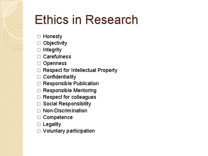 Ethics in Research � � � � Honesty Objectivity Integrity Carefulness Openness Respect for