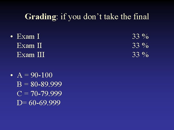 Grading: if you don’t take the final • Exam III • A = 90 Grading: if you don’t take the final • Exam III • A = 90