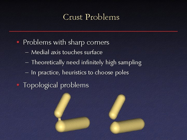 Crust Problems • Problems with sharp corners – Medial axis touches surface – Theoretically