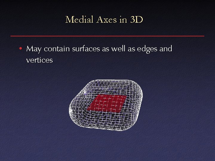 Medial Axes in 3 D • May contain surfaces as well as edges and