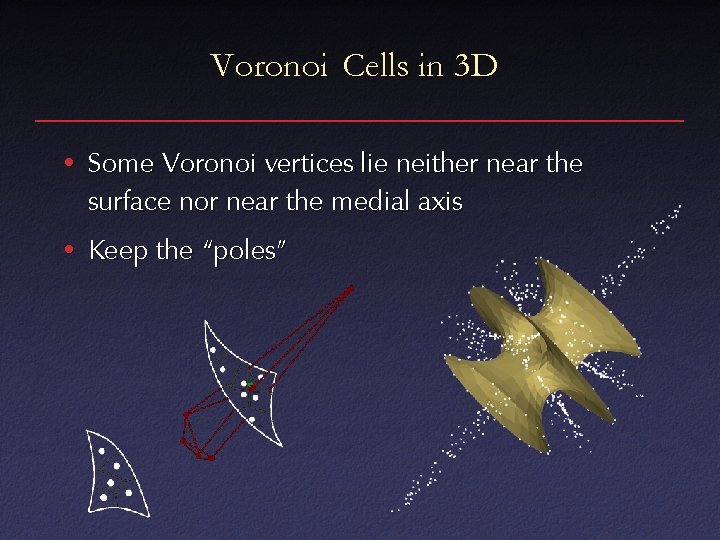 Voronoi Cells in 3 D • Some Voronoi vertices lie neither near the surface