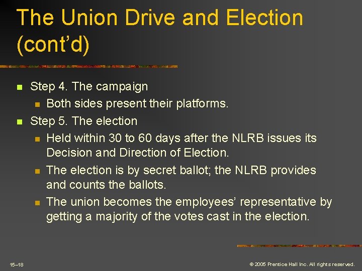 The Union Drive and Election (cont’d) n n 15– 18 Step 4. The campaign