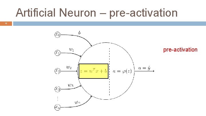 Artificial Neuron – pre-activation 10 pre-activation 