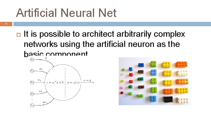 Artificial Neural Net 14 It is possible to architect arbitrarily complex networks using the
