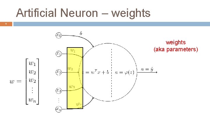 Artificial Neuron – weights 9 weights (aka parameters) 