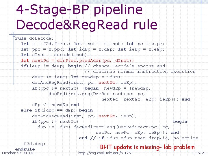 4 -Stage-BP pipeline Decode&Reg. Read rule do. Decode; let x = f 2 d.