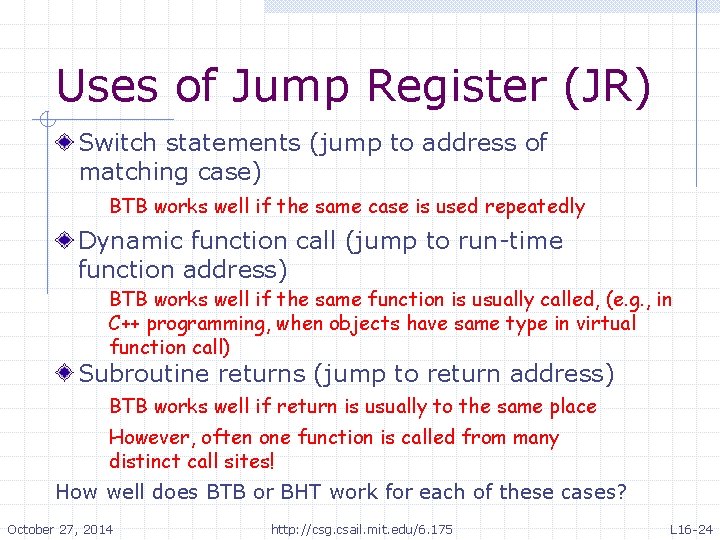 Uses of Jump Register (JR) Switch statements (jump to address of matching case) BTB