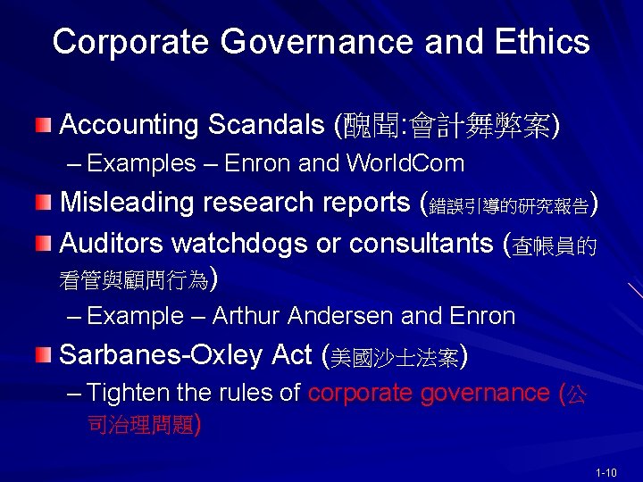 Corporate Governance and Ethics Accounting Scandals (醜聞: 會計舞弊案) – Examples – Enron and World.