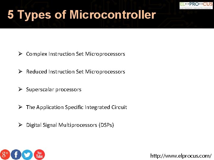 5 Types of Microcontroller Ø Complex Instruction Set Microprocessors Ø Reduced Instruction Set Microprocessors