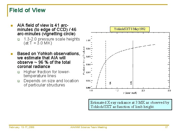 Field of View n AIA field of view is 41 arcminutes (to edge of