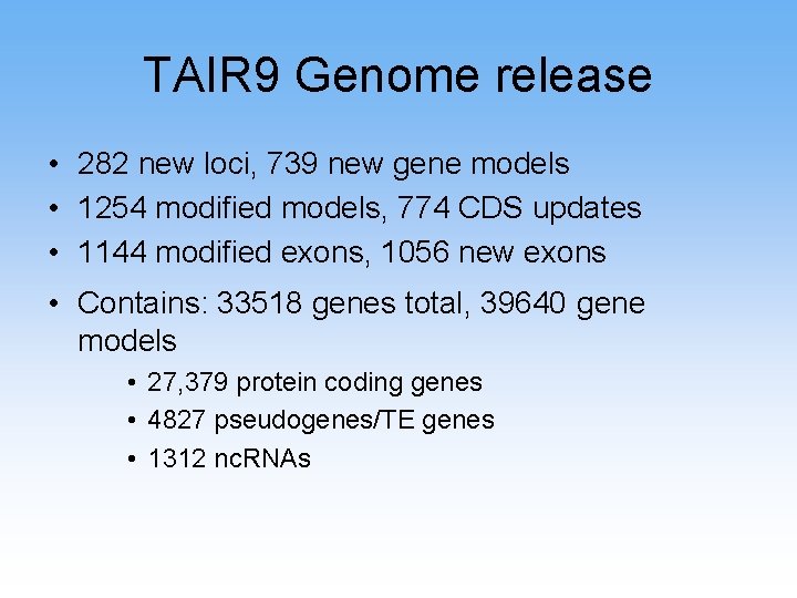 TAIR 9 Genome release • 282 new loci, 739 new gene models • 1254