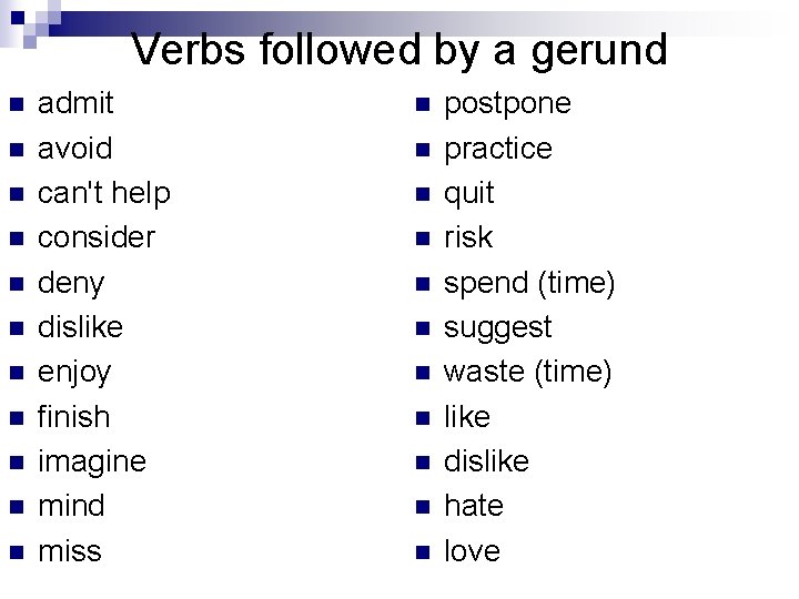 Verbs followed by a gerund n n n admit avoid can't help consider deny