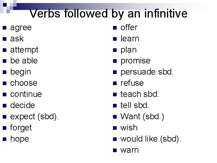 Verbs followed by an infinitive n n n agree ask attempt be able begin