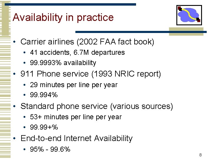 Availability in practice • Carrier airlines (2002 FAA fact book) • 41 accidents, 6.