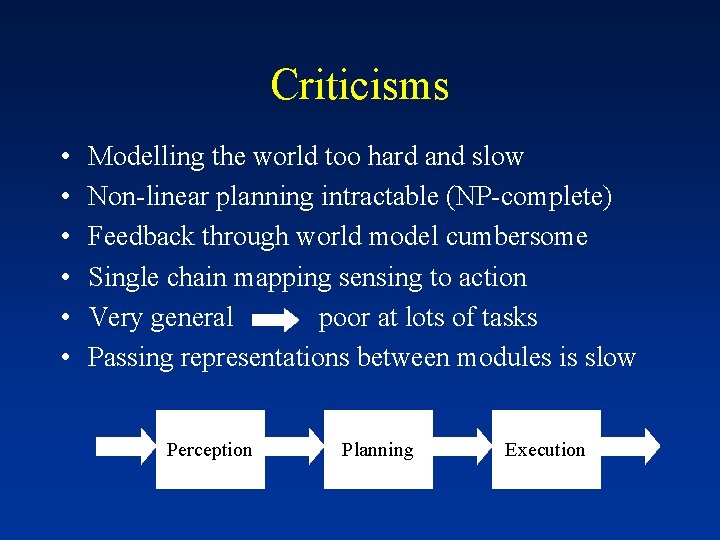 Criticisms • • • Modelling the world too hard and slow Non-linear planning intractable