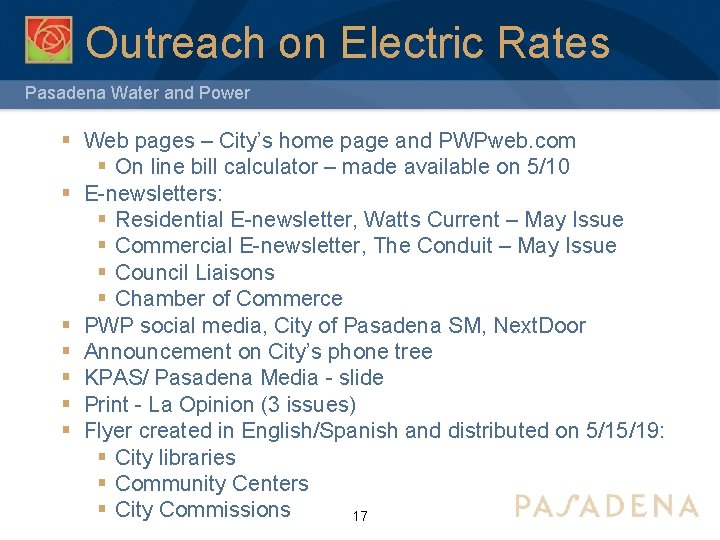 Outreach on Electric Rates Pasadena Water and Power § Web pages – City’s home