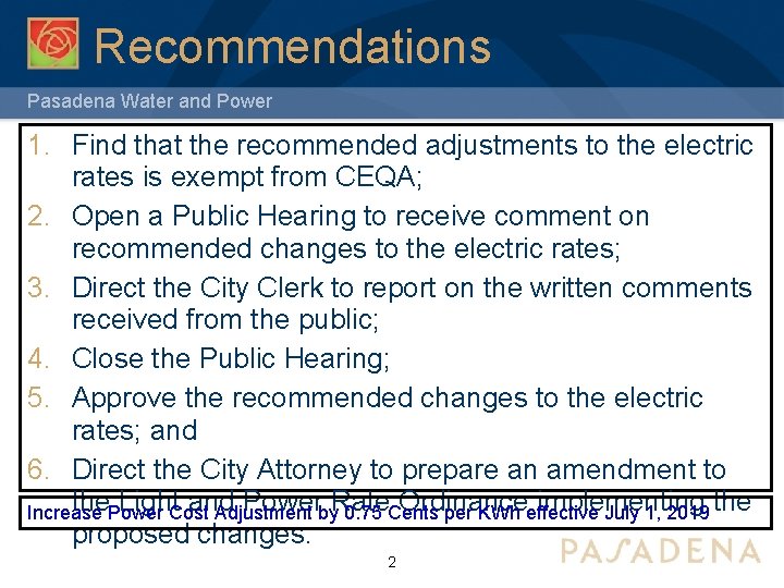 Pasadena Water and Power Electric Rate Adjustments Public