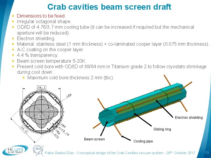 Crab cavities beam screen draft § Dimensions to be fixed. § Irregular octagonal shape.