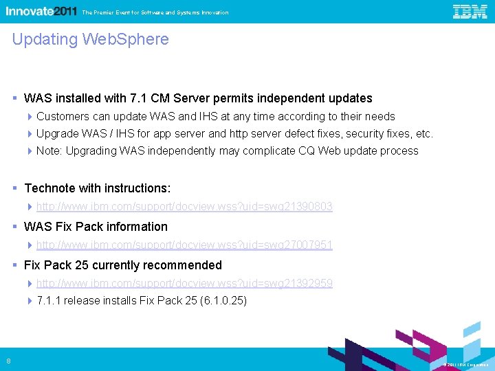 The Premier Event for Software and Systems Innovation Updating Web. Sphere WAS installed with