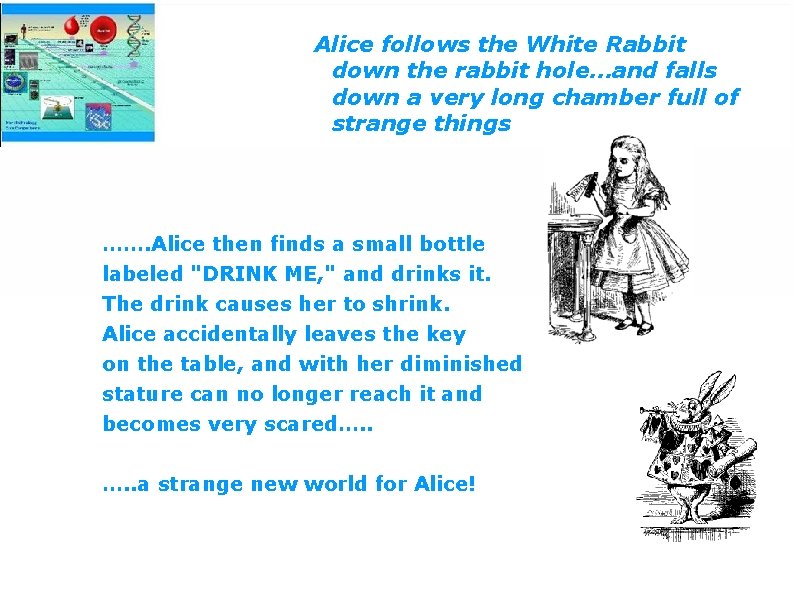 Alice follows the White Rabbit down the rabbit hole…and falls down a very long