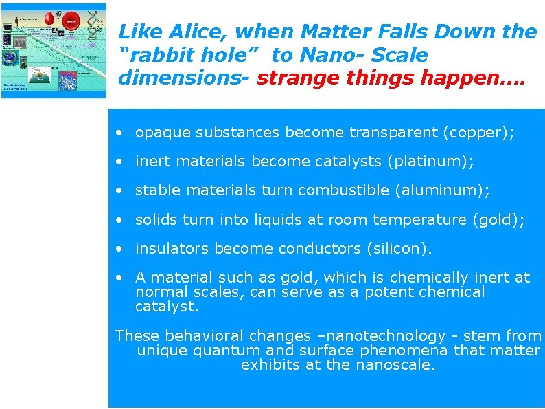 Like Alice, when Matter Falls Down the “rabbit hole” to Nano- Scale dimensions- strange